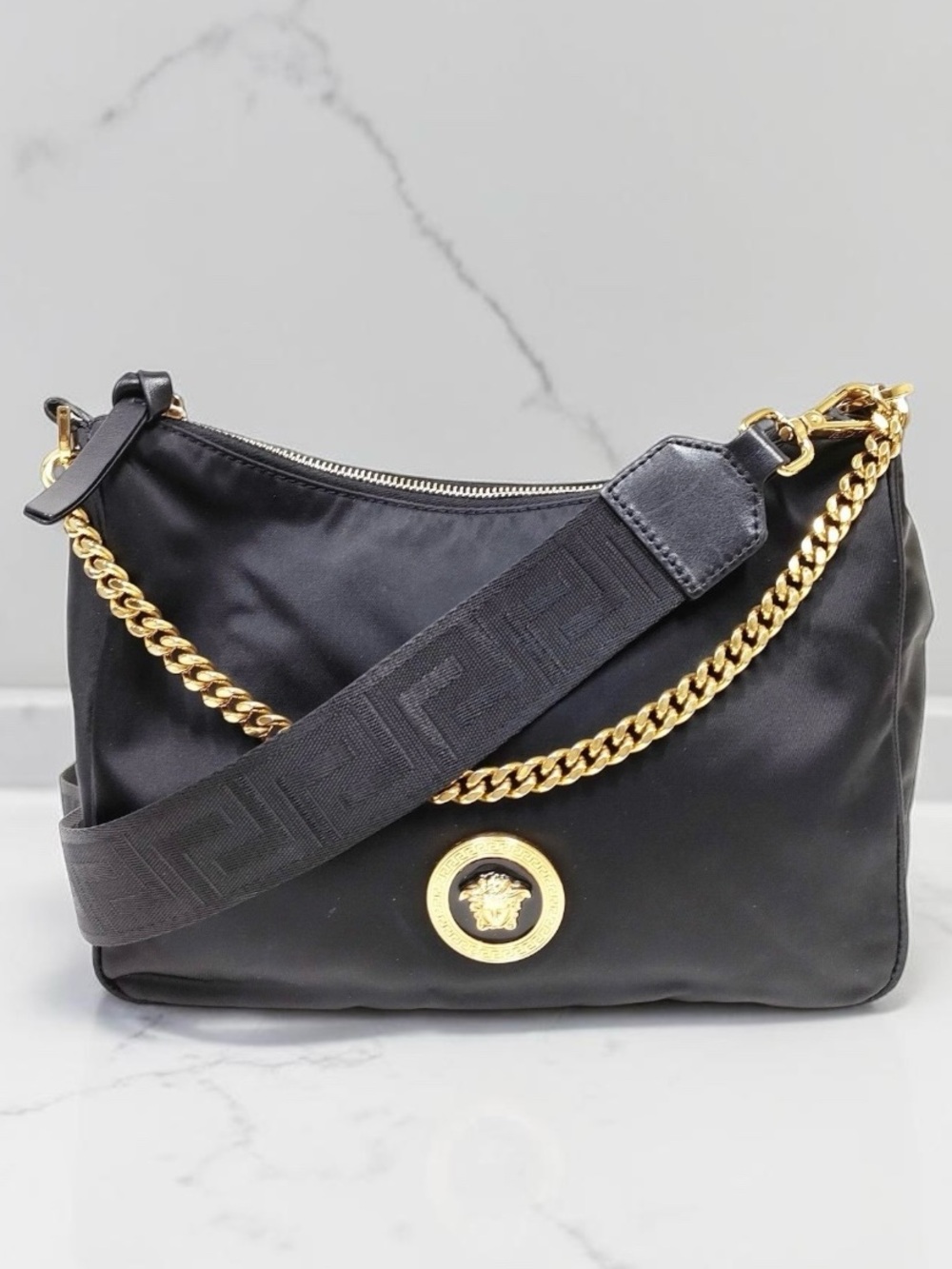 Versace Medusa Nylon Hobo Bag - Black Gold Chain & Greca Strap